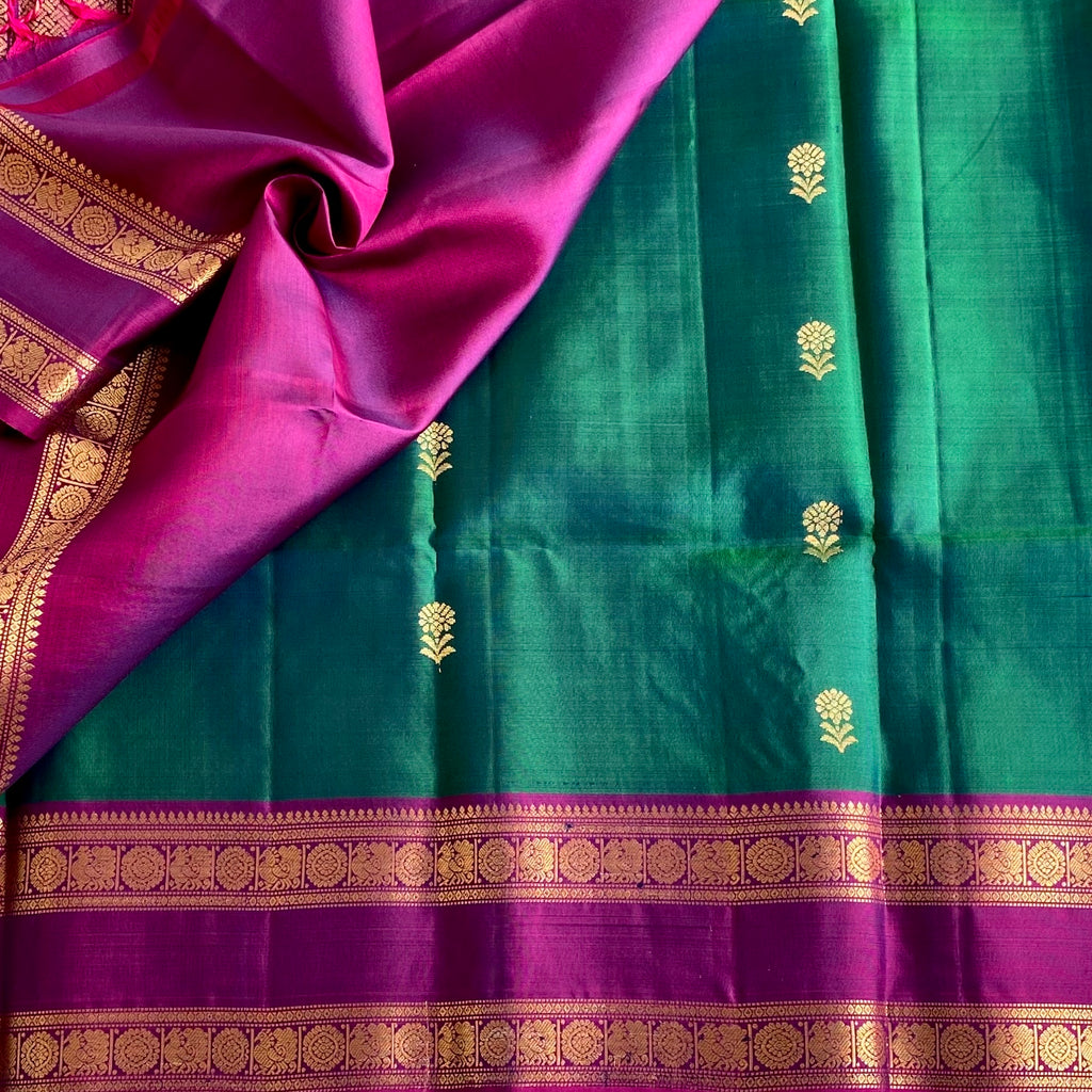 Deep Peacock Green Designer Pure Silk Saree With Rich Magenta Pallu