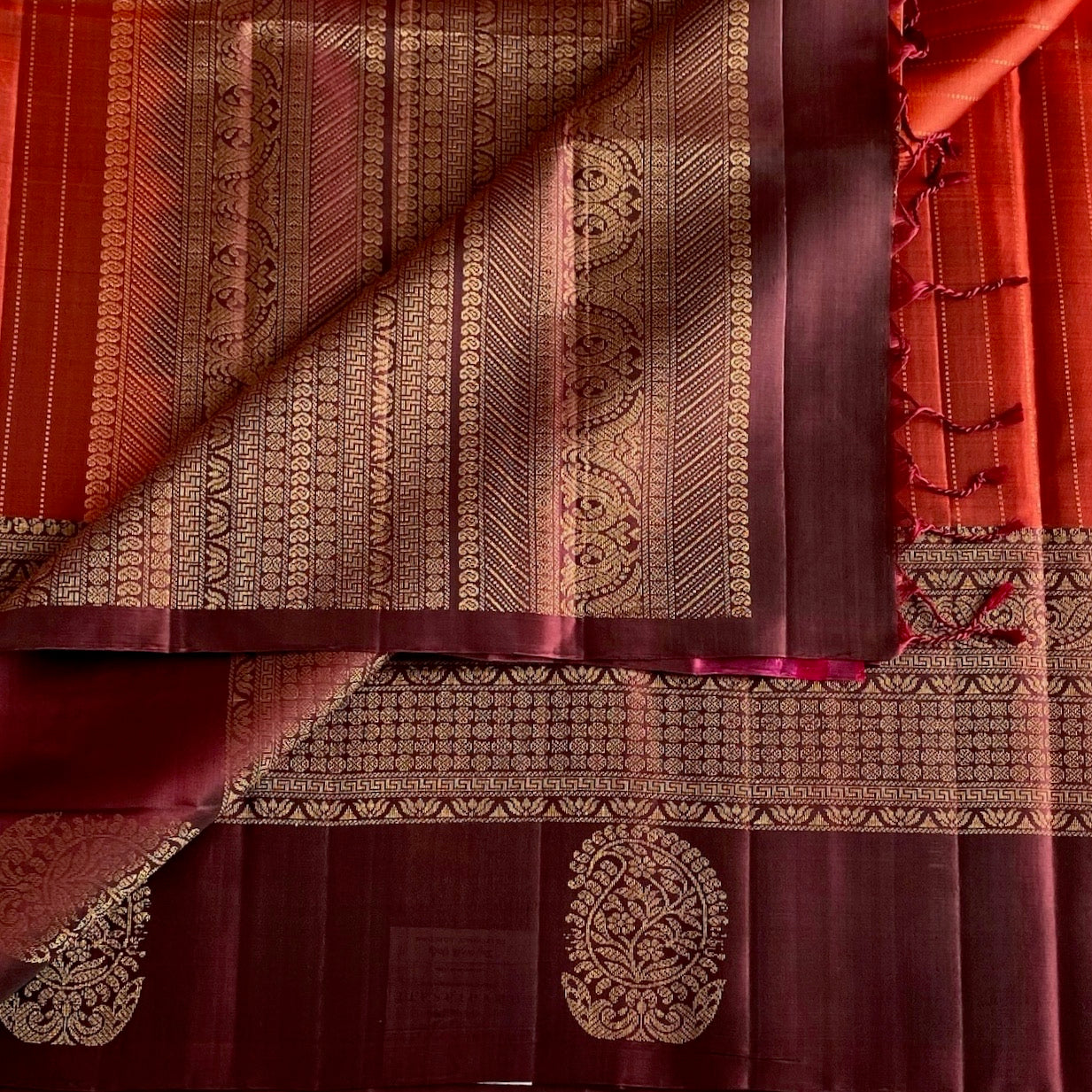 Deep Maroon And Bright Orange Designer Pure Silk Saree With Zari