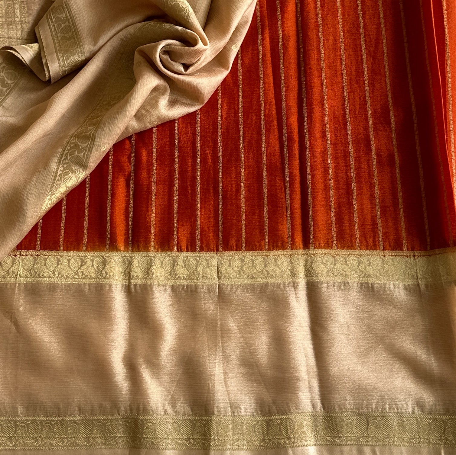 Peach Silk Saree with Gold Border Burnt Orange Pallu Woven