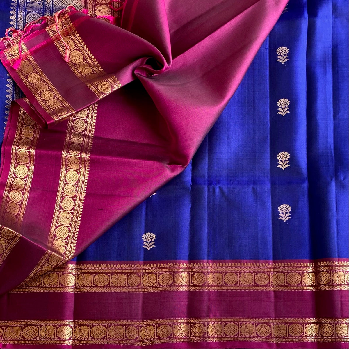 Royal Blue And Magenta Pink Designer Pure Silk Saree With Zari Pallu
