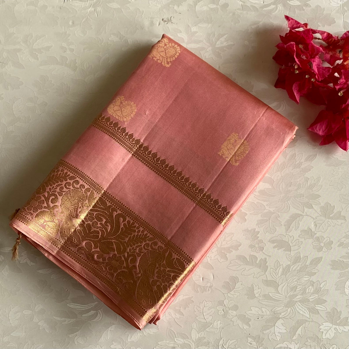 Dreamy Blush Pink Designer Pure Silk Saree With Antique Gold Zari
