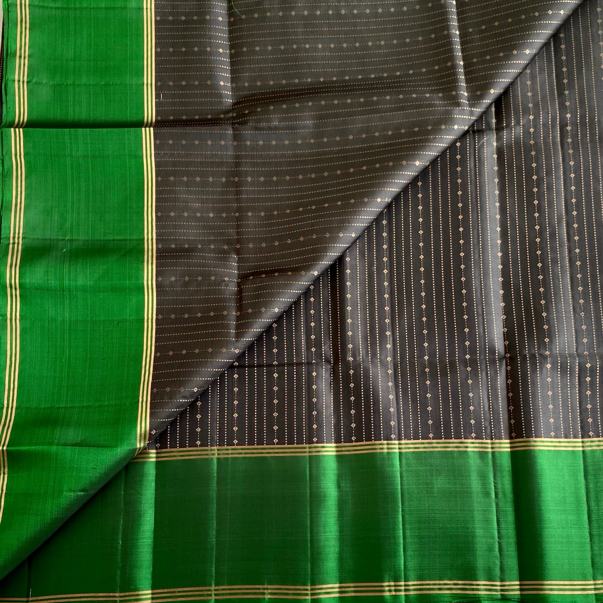 Jet Black Twilight Zari with Emerald Green Designer Pure Silk