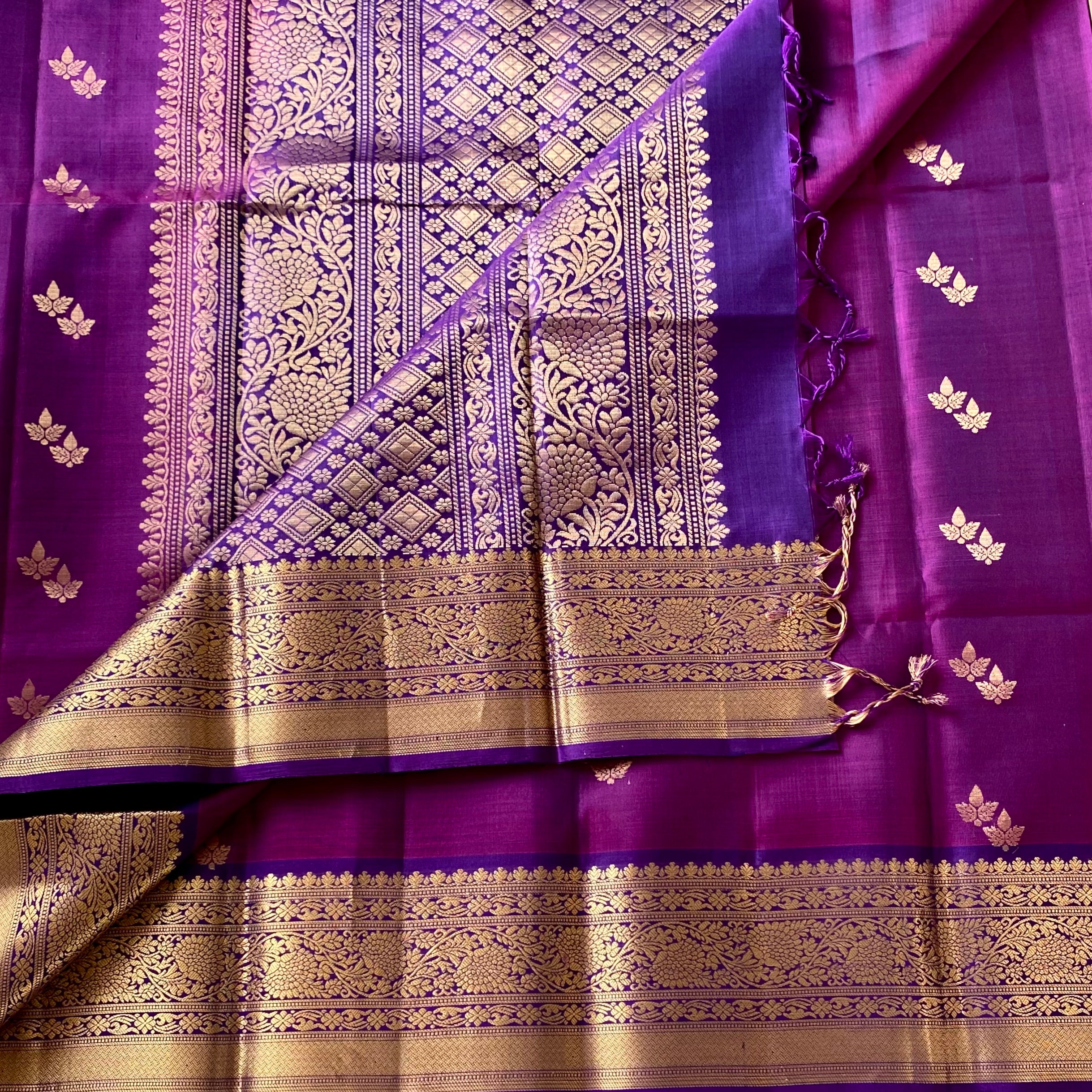 Deep Magenta Silk Saree with Gold Brocade Floral Pallu Border