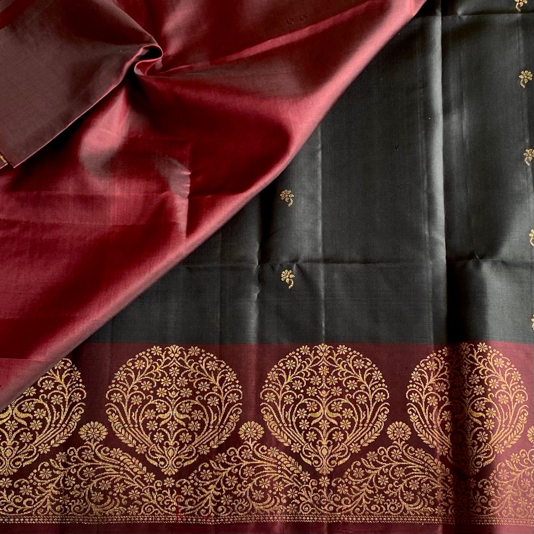 Jet Black Designer Pure Silk Saree With Deep Maroon Pallu