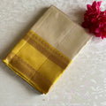 Champagne Ivory Beige Designer Pure Silk With Mustard Yellow Pallu Zari Border