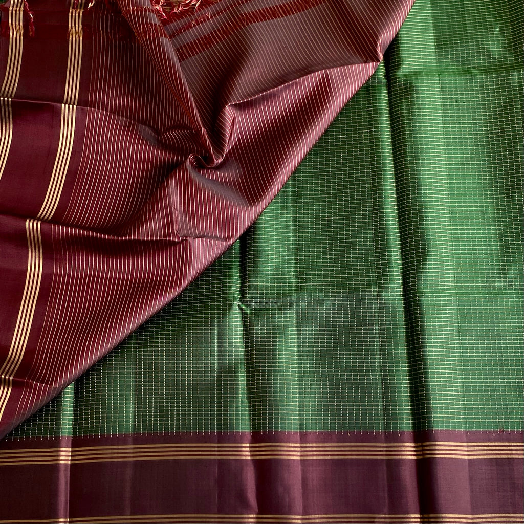 Bottle Green with Deep Maroon Checked Silk Saree With Zari