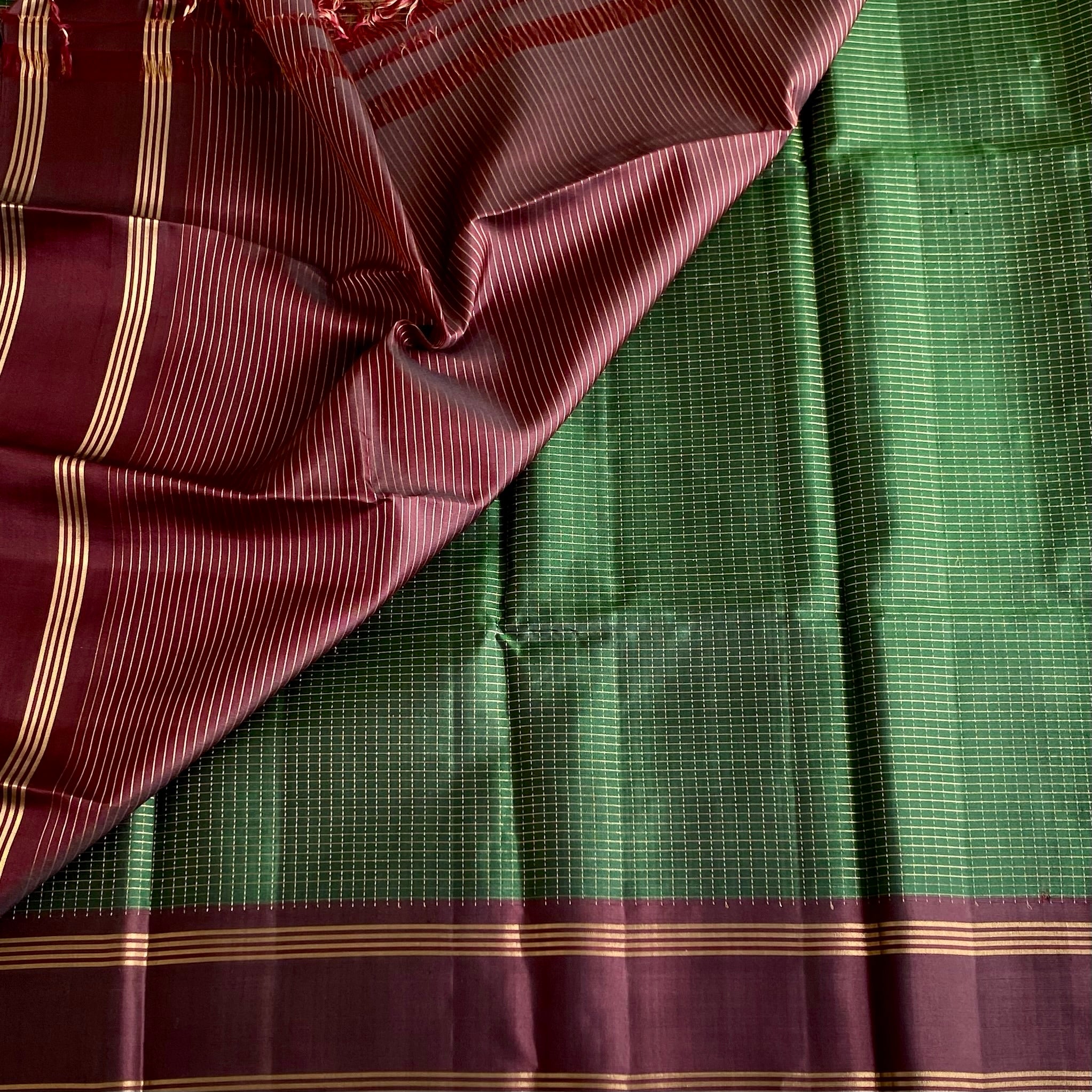 Bottle Green with Deep Maroon Checked Silk Saree With Zari