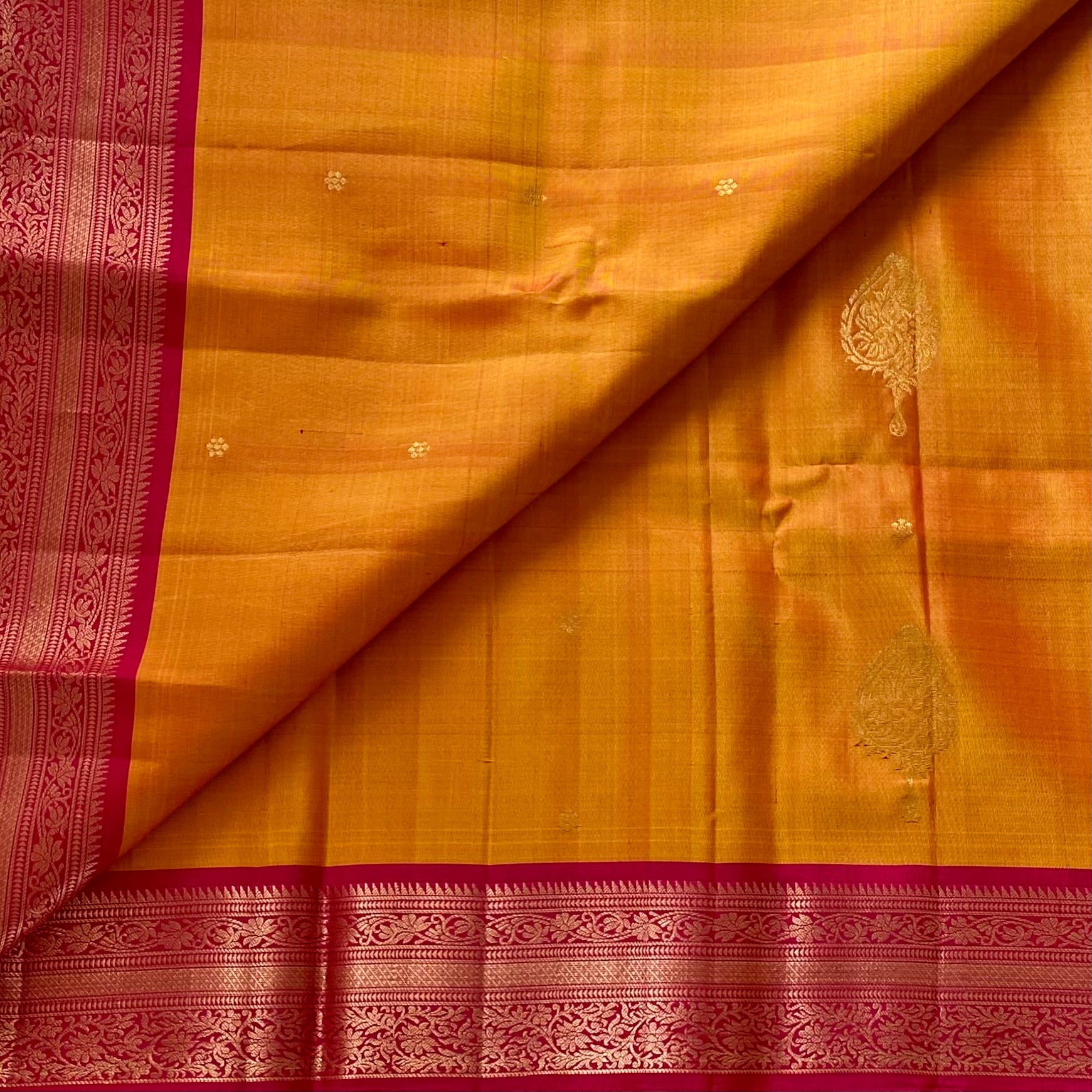 Sunset Yellow Designer Pure Silk Saree Magenta Pink Zari Border
