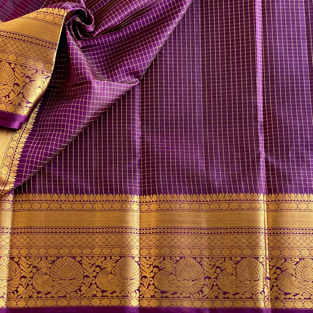 Micro Checkered Purple Designer Pure Silk Saree With Golden Floral Pallu