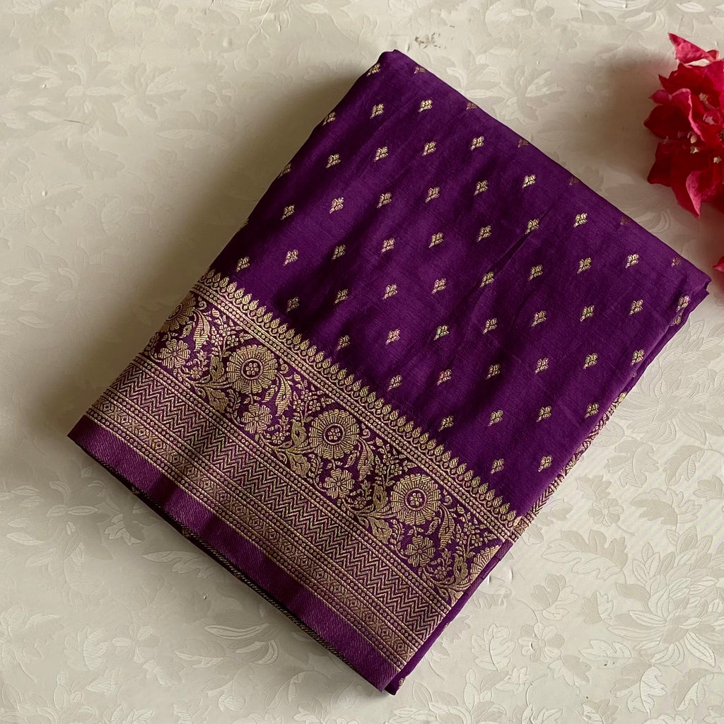 Royal Purple Soft Crepe Silk Saree With Antique Gold Brocade Pallu