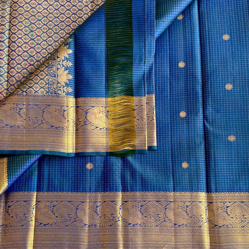 Peacock Blue Kanjeevaram Pure Zari Silk Saree With Zari Checkered Weave