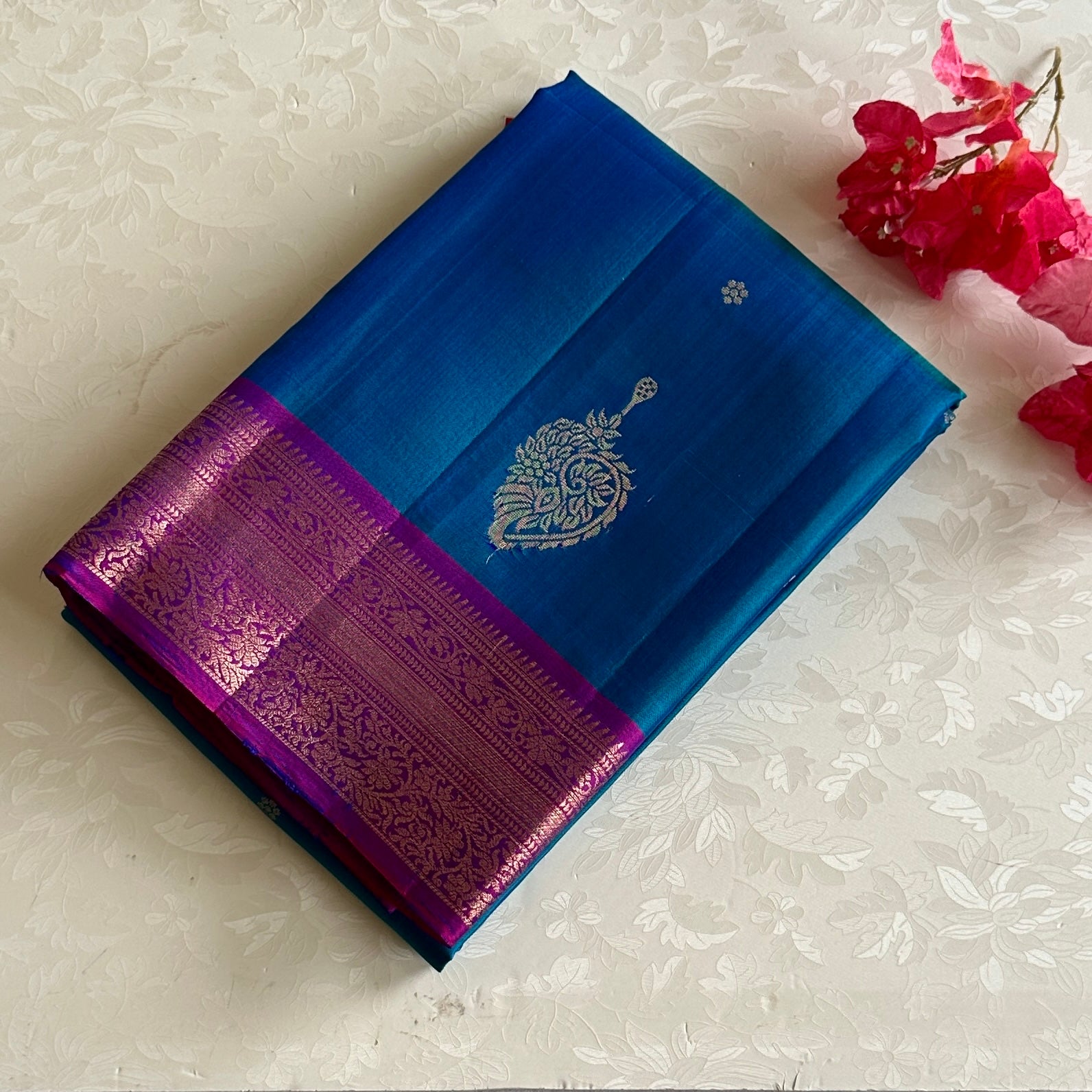 Rich Blue Designer Pure Silk Saree Royal Purple Zari Border