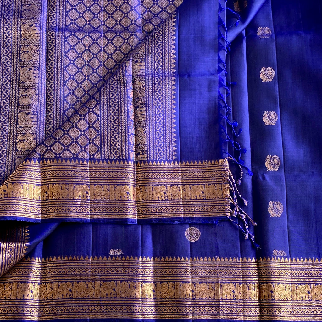 Royal Blue Antique Gold Designer Pure Silk Saree With Elephant Border