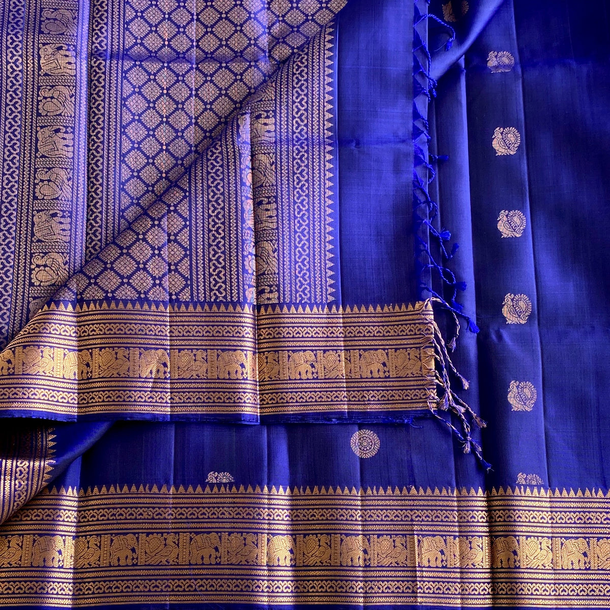 Royal Blue Antique Gold Designer Pure Silk Saree With Elephant Border