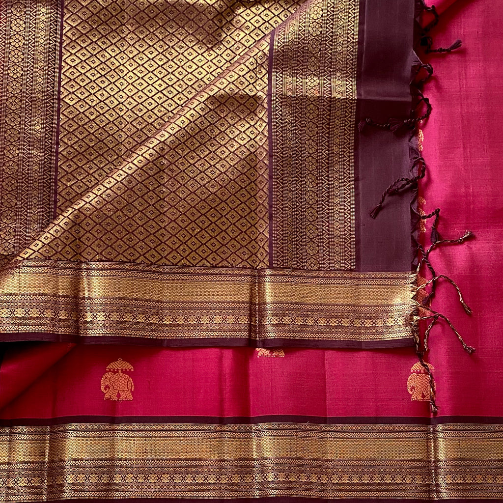 Deep Fuchsia Designer Pure Silk with Wine Antique Gold Zari Border Contrast Pallu