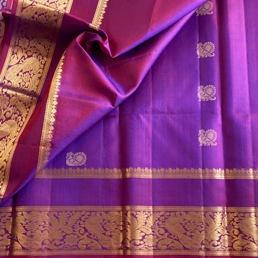 Dual Shaded Magenta Purple Designer Pure Silk Saree With Metallic Gold Brocade