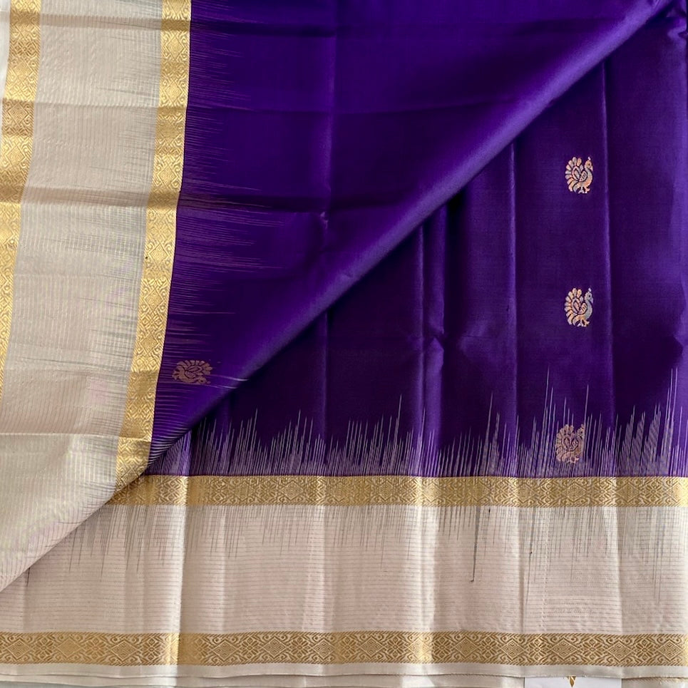 Ivory Designer Pure Silk Saree With Royal Purple Pallu