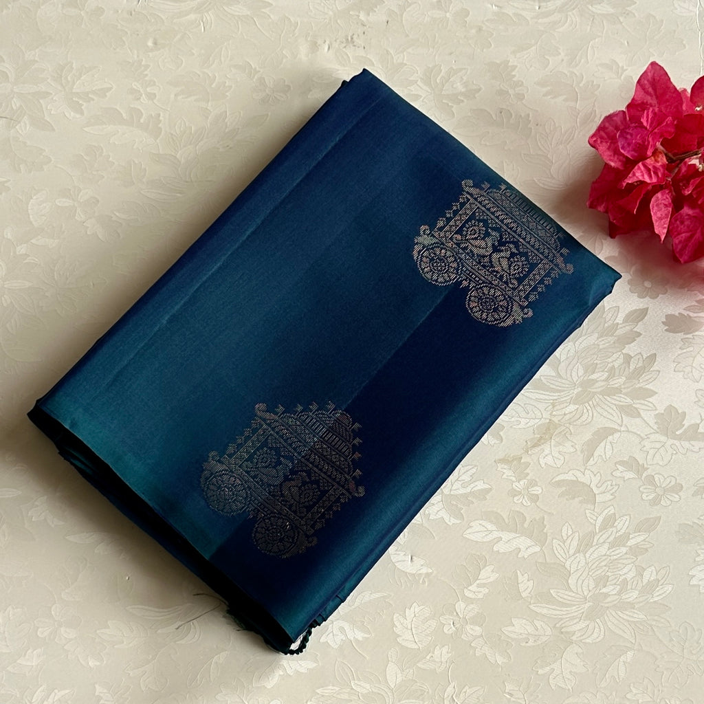 Peacock Blue Silk Brocade Saree Antique Gold Temple Motif