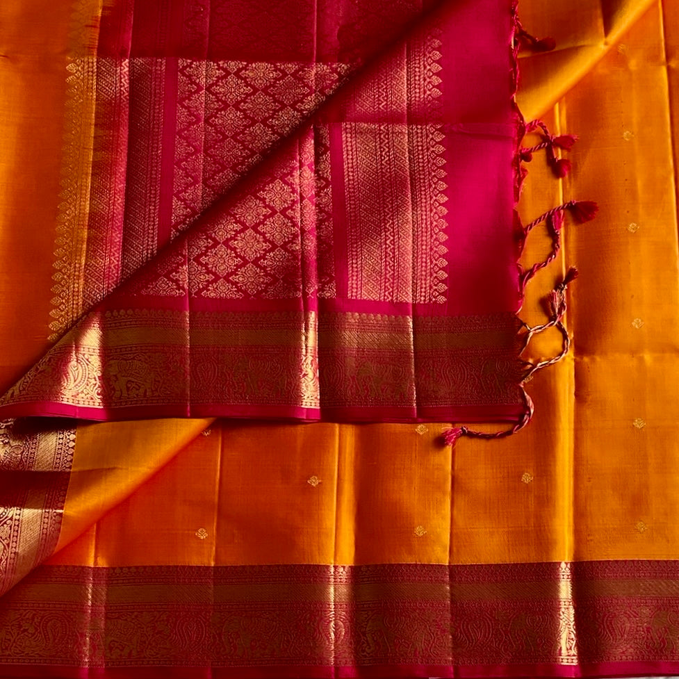 Sunset Orange Designer Pure Silk  With Cherry Pink Pallu