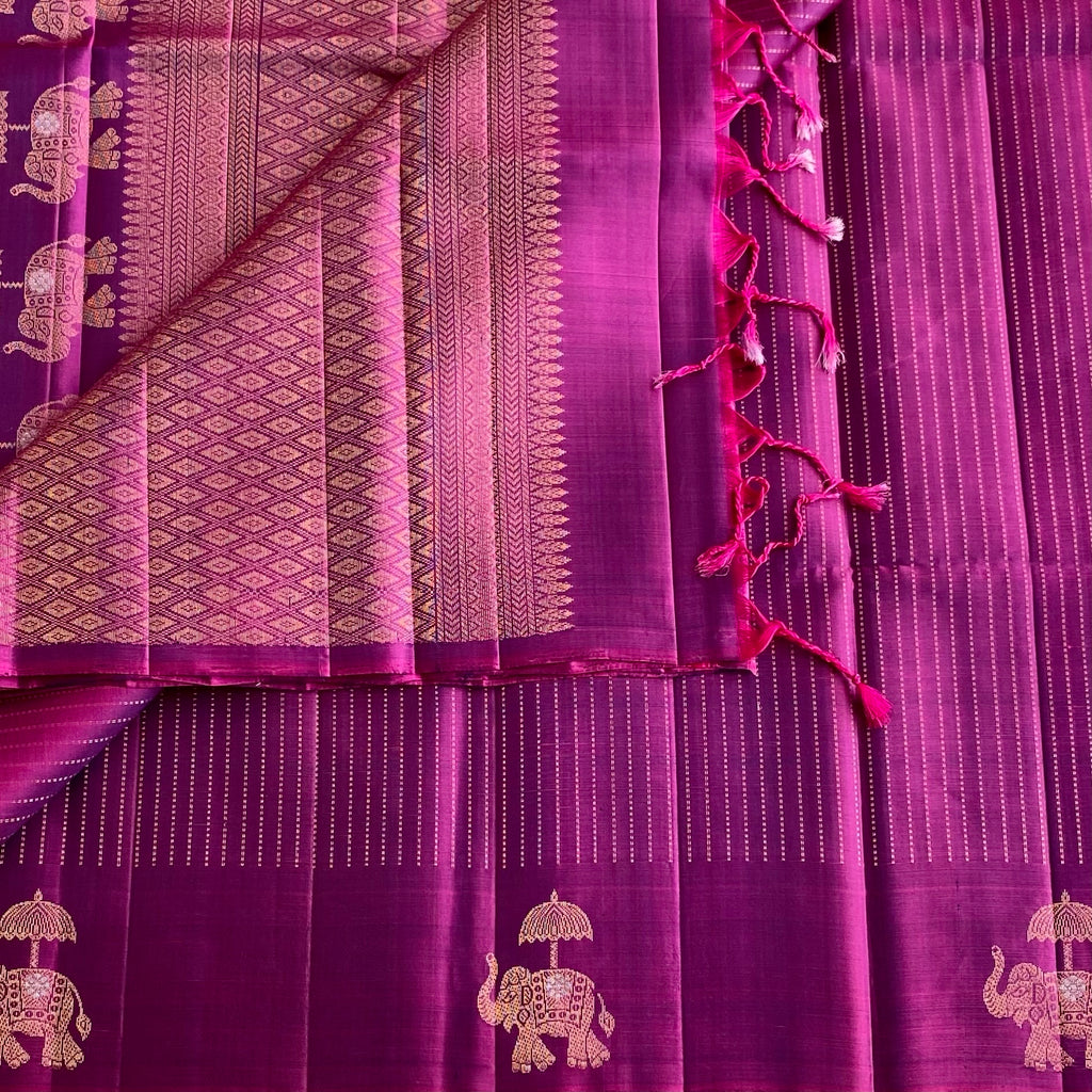 Dual Shaded Magenta Designer Pure Silk Saree With Metallic Gold Pallu