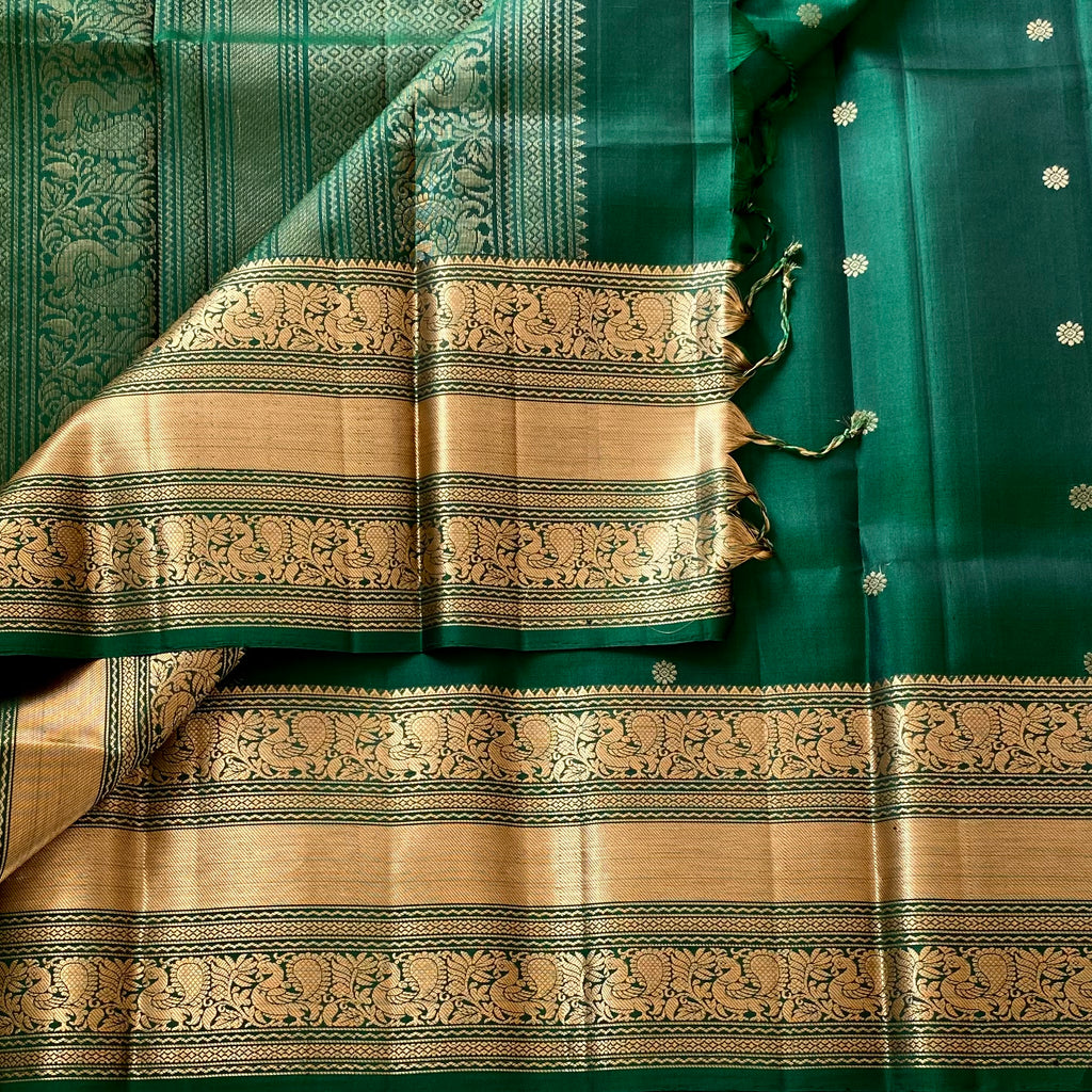 Emerald Green Designer Pure Silk Saree Antique Gold Zari Border
