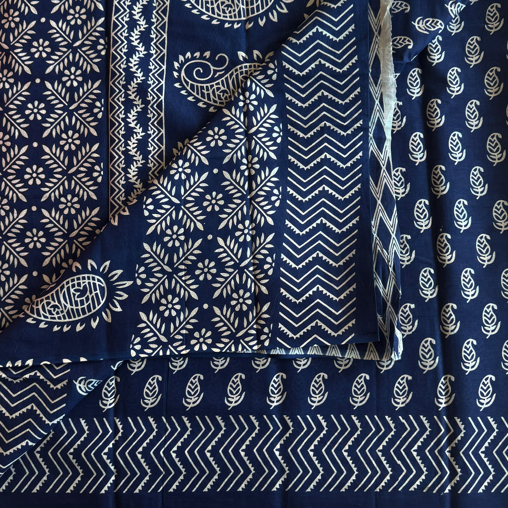 Navy Blue Block Print Cotton Saree Paisley Chevron Border Traditional