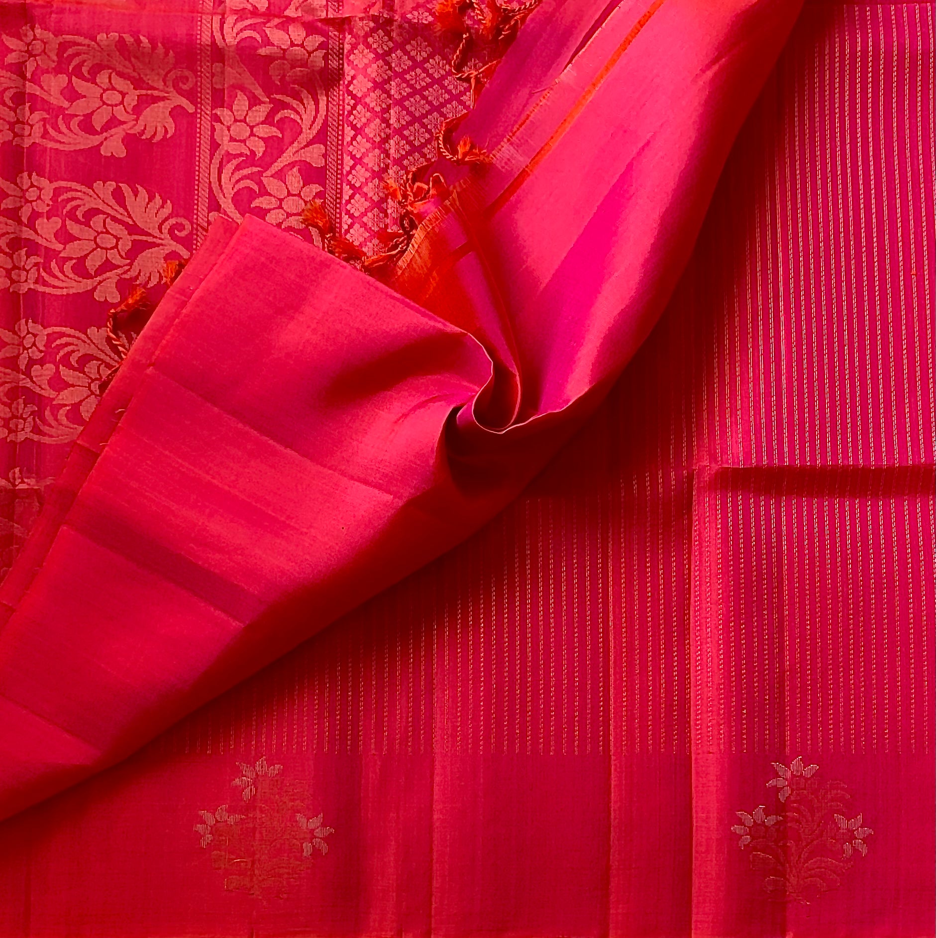 Fuchsia Pink Saree With Gold Woven Floral Pallu Tassel Fringe