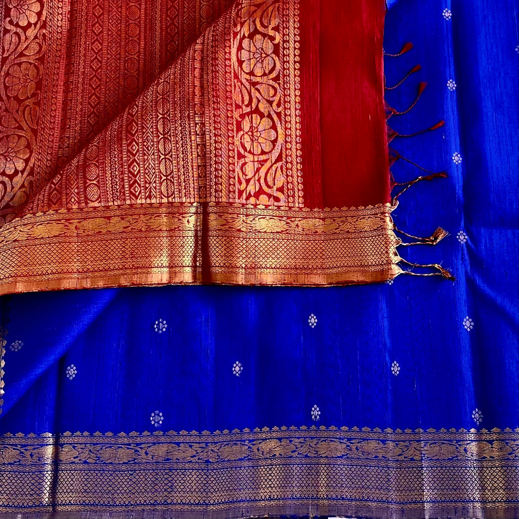 Royal Blue Designer Pure Raw Silk Saree With Crimson Red Pallu