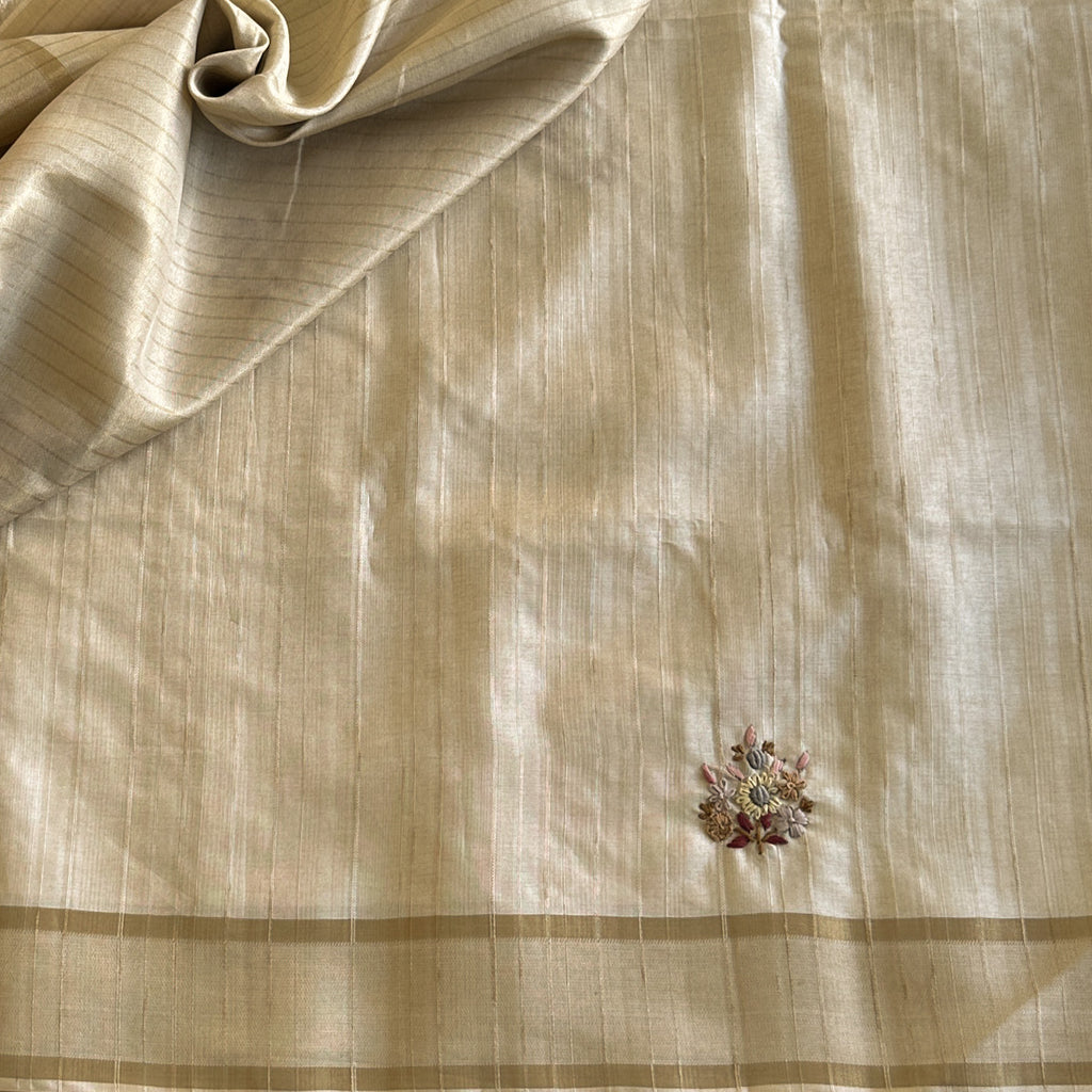 Elegant Ivory Silk Embroidered Saree With Gold Border Traditional Wear