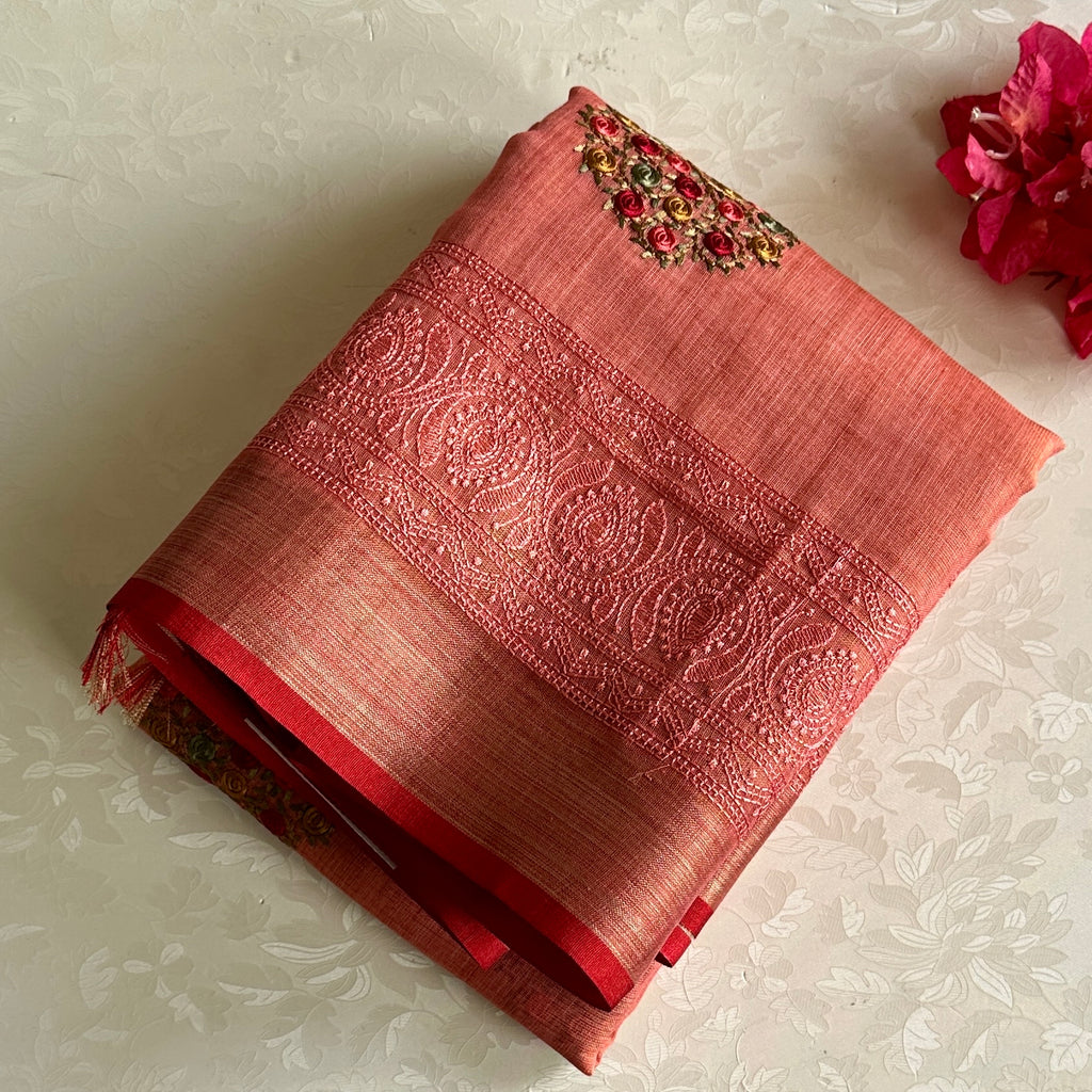 Peach Coral Soft Tussar Silk Saree With Scarlet Red Border