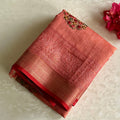 Peach Coral Soft Tussar Silk Saree With Scarlet Red Border