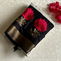 Ivory Soft Tussar Silk Saree With Jet Black Pallu And Floral Embroidery