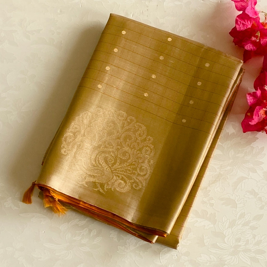 Saffron Orange Silk Saree Champagne Gold Paisley Brocade Wedding