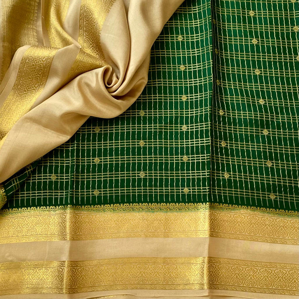 Emerald Green Silk Saree Gold Checks Cream Border Festive Wear