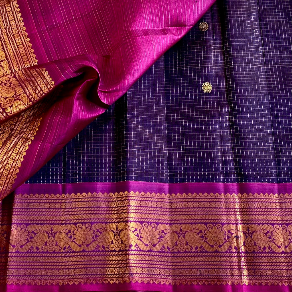 Indigo Bluish Purple Kanjeevaram Pure Zari Silk With Royal Magenta Pallu