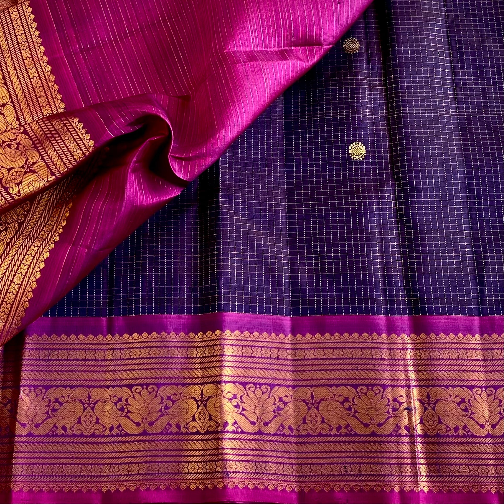 Indigo Bluish Purple Kanjeevaram Pure Zari Silk With Royal Magenta Pallu