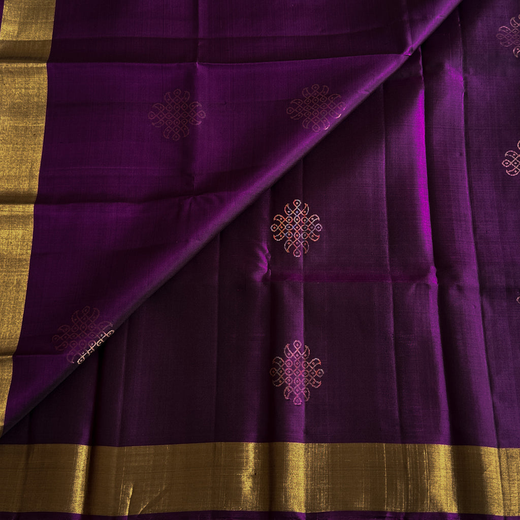 Purple Lustrous Saree With Gold Zari Lattice And Broad Border