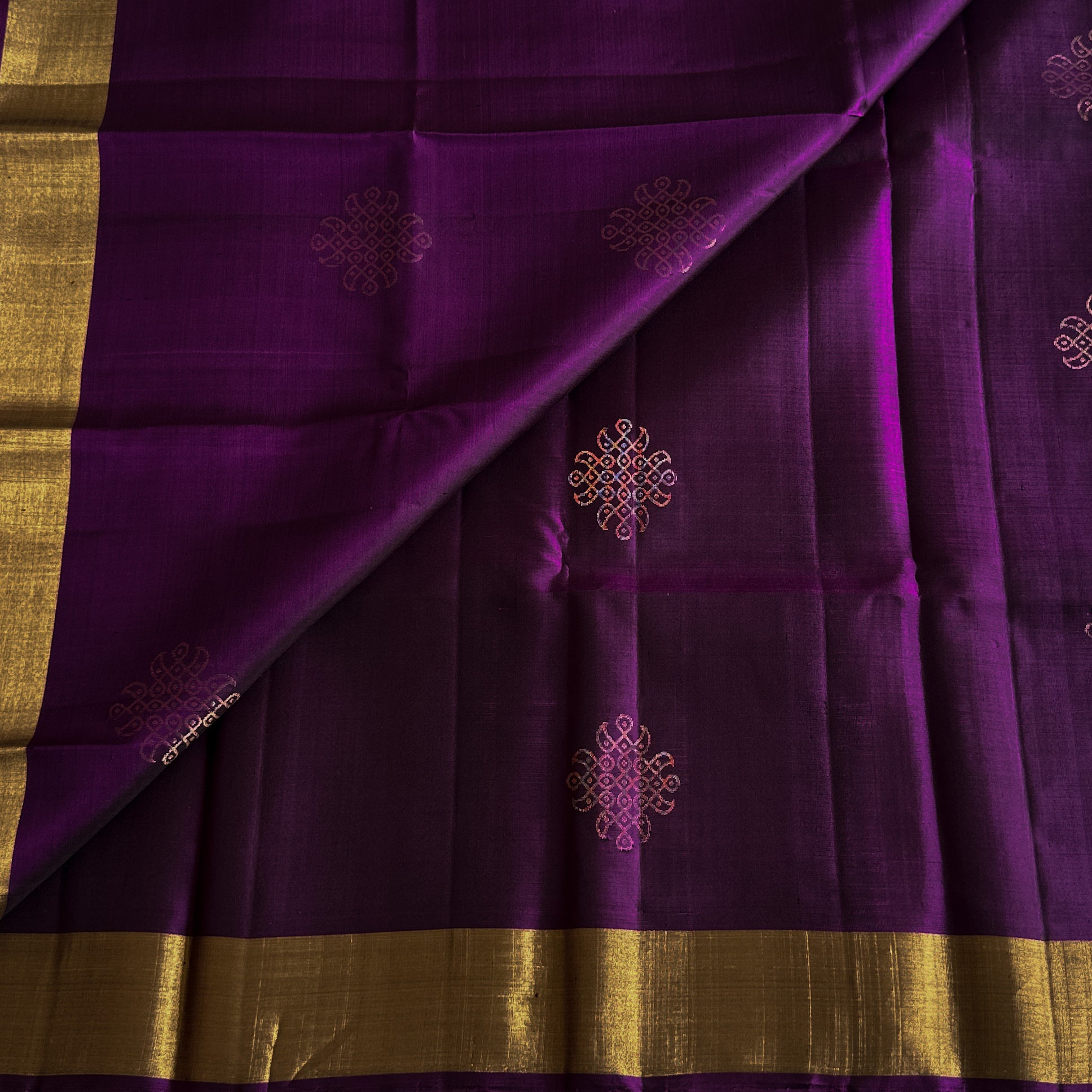 Purple Lustrous Saree With Gold Zari Lattice And Broad Border