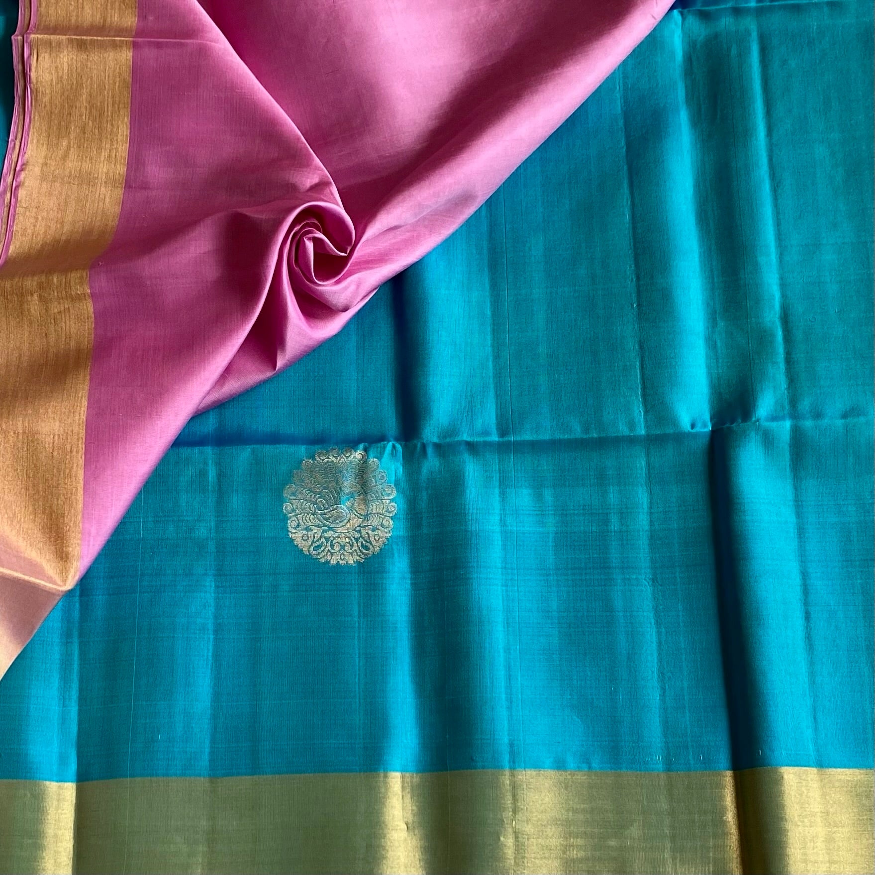Sky Blue Designer Pure Silk Saree With Rose Pink Pallu