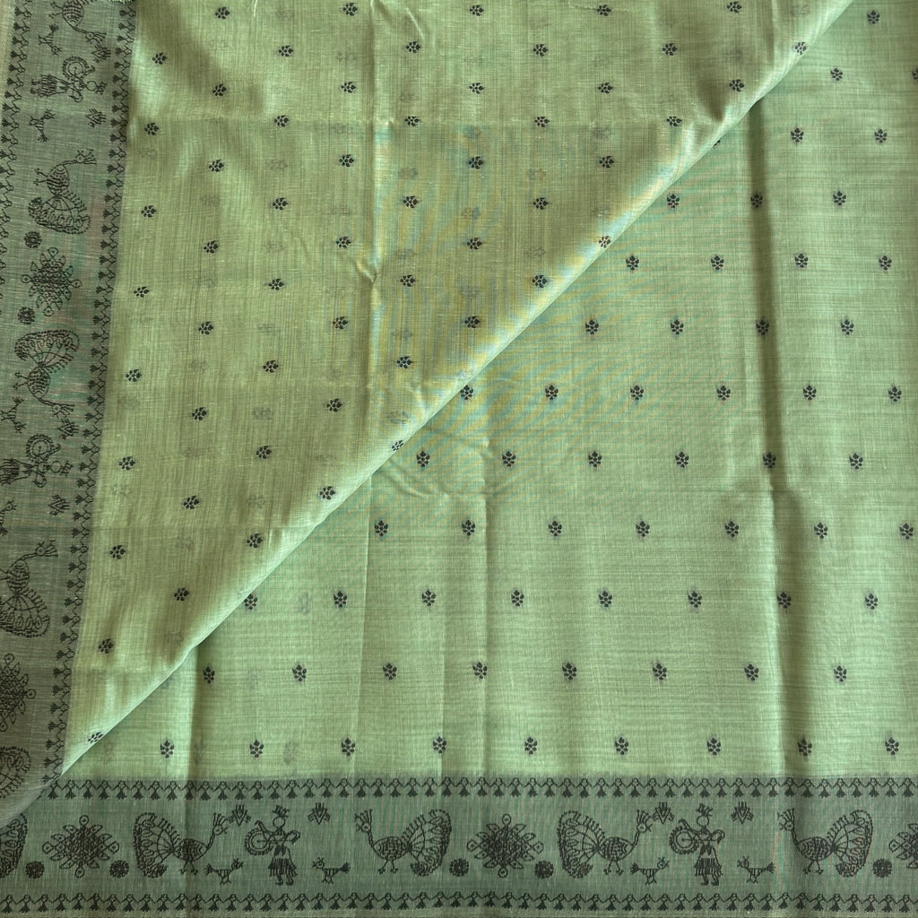 Mint Green Village Motif Saree With Peacock Border And Tassels