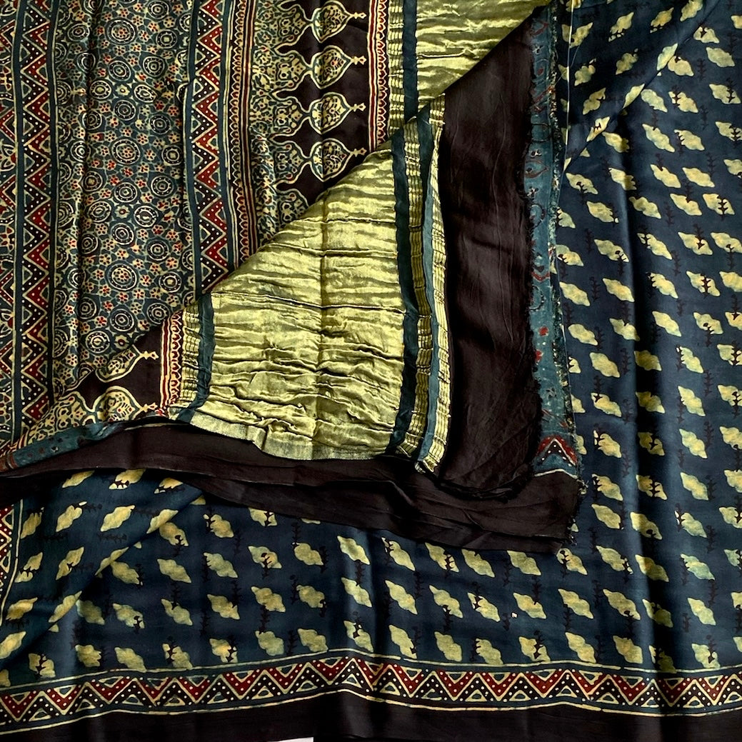 Deep Teal Ajrakh Handblock Printed Silk Saree With Olive Green Pallu