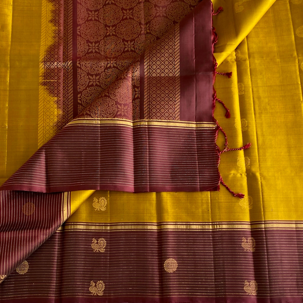 Deep MustRd Designer Pure Silk Saree With Wine Brown Border