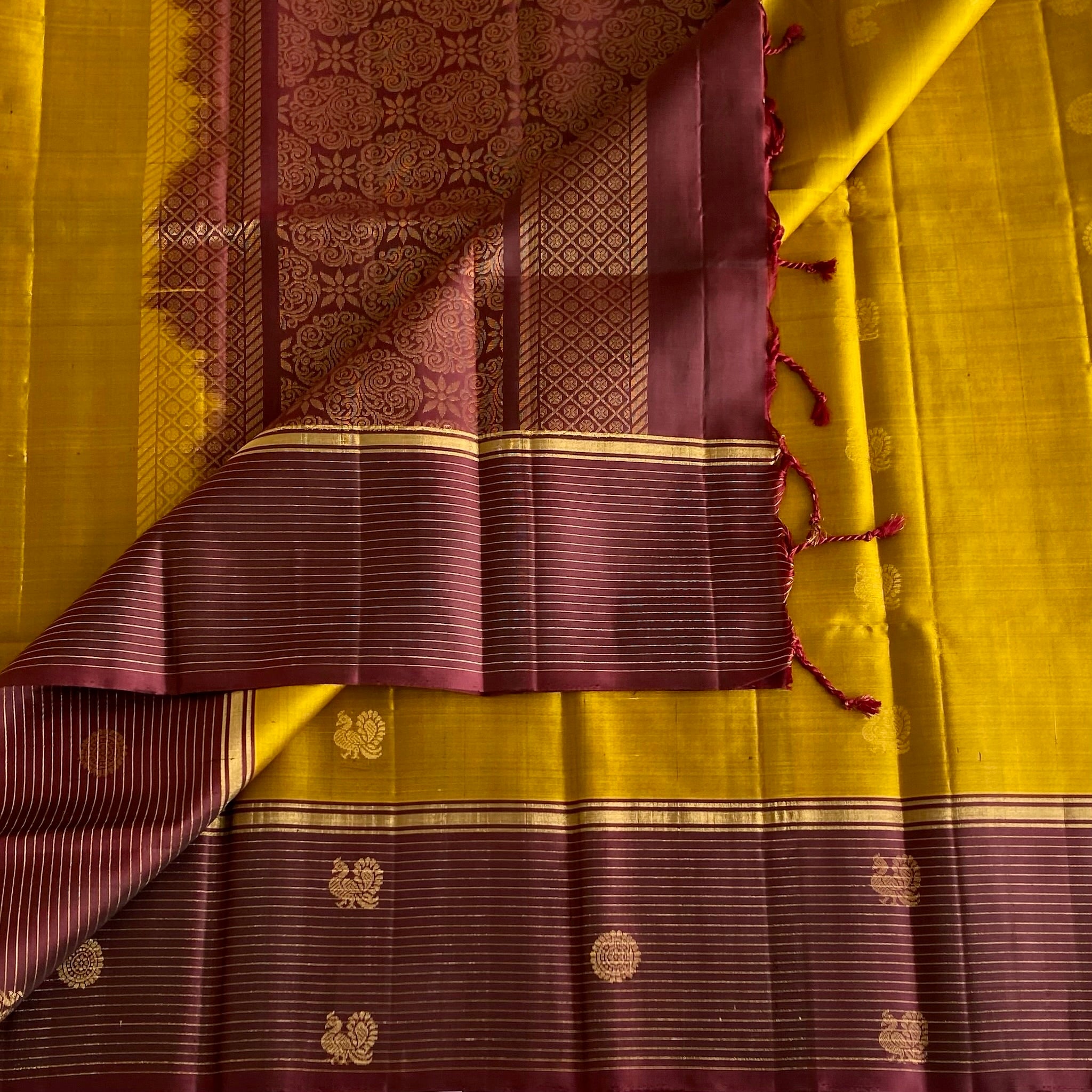 Deep MustRd Designer Pure Silk Saree With Wine Brown Border