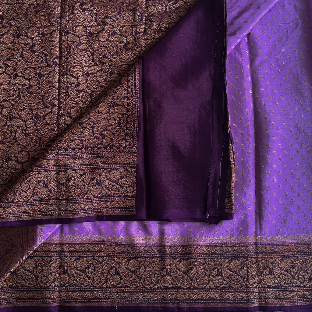Royal Purple Brocade Saree Antique Gold Zari Lilac Pallu Traditional