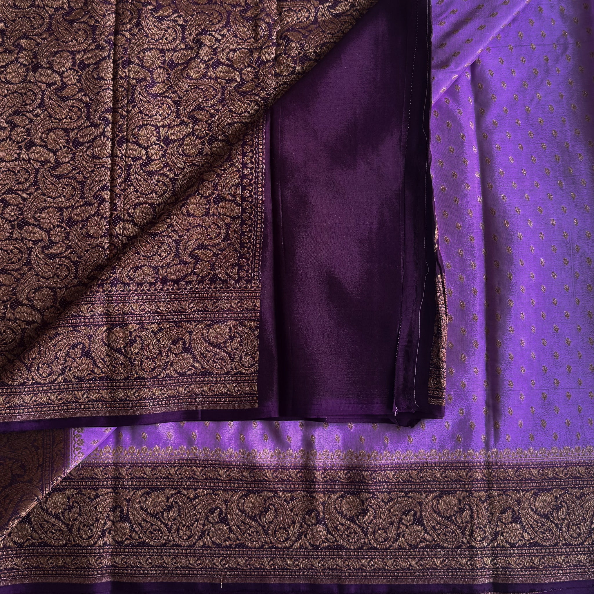 Royal Purple Brocade Saree Antique Gold Zari Lilac Pallu Traditional