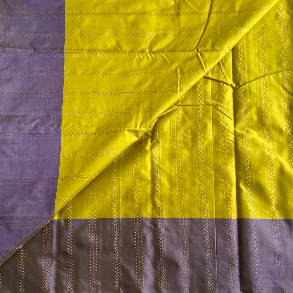 Lime Green Soft Mixed Silk Saree With Smoky Lavender Pallu