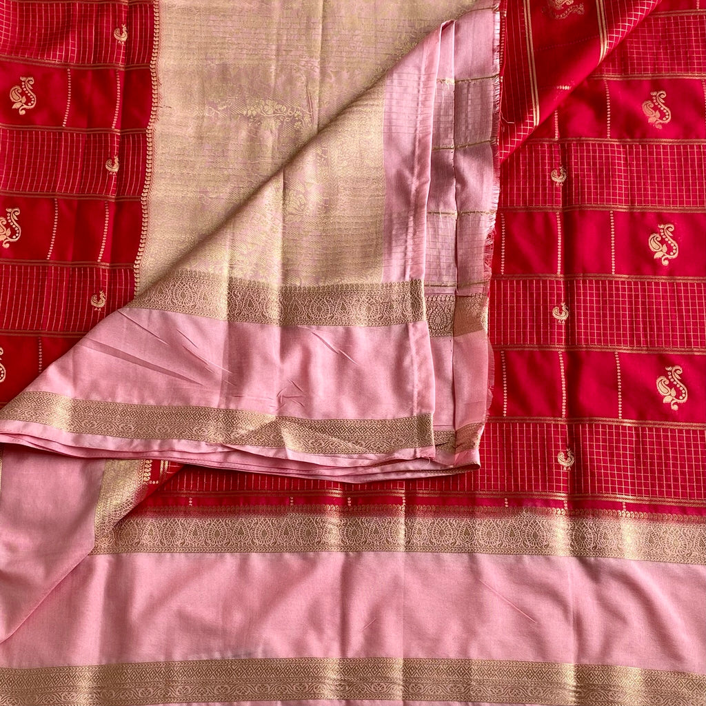 Crimson Red And Blush Pink Soft Crepe Silk With Gold Pallu