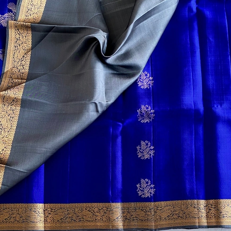 Royal Blue Designer Pure Silk Saree With Charcoal Gray Pallu