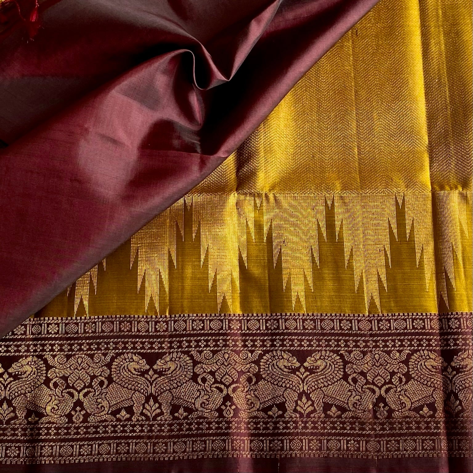 Deep Mustard Designer Pure Silk Saree With Wine Brown Gold Pallu