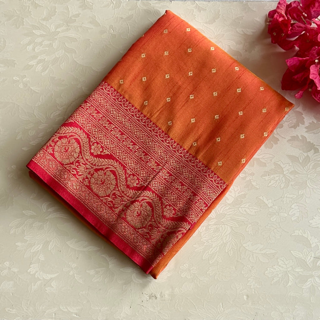 Tangerine Banarasi Silk Saree Gold Buti Magenta Border Pallu Weave